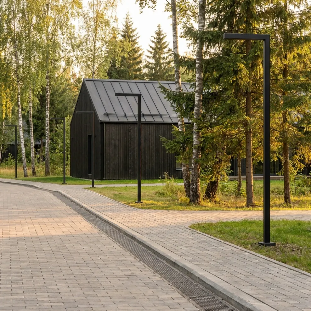 Уличные фонари вдоль пешеходной дорожки в посёлке